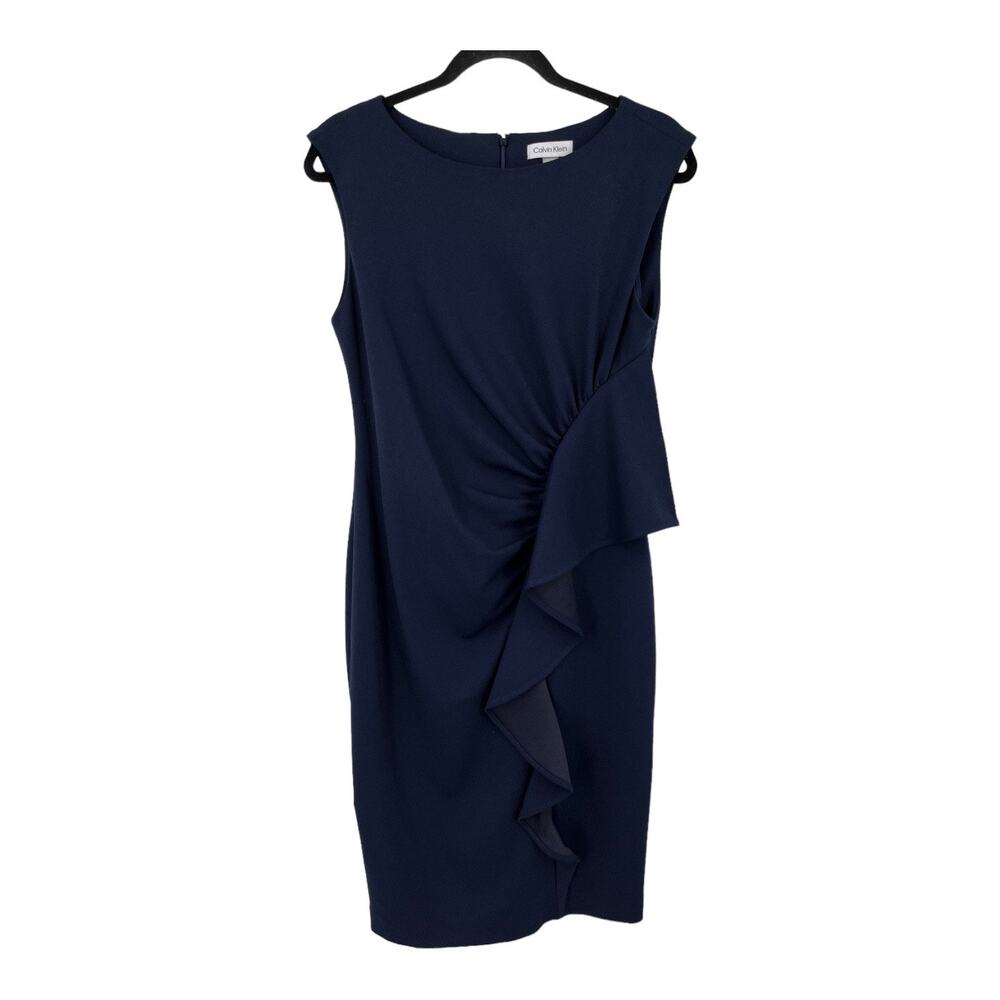 Calvin Klein dress Ruffle crepe sheath sleeveless navy blue size 8 - Picture 2 of 8